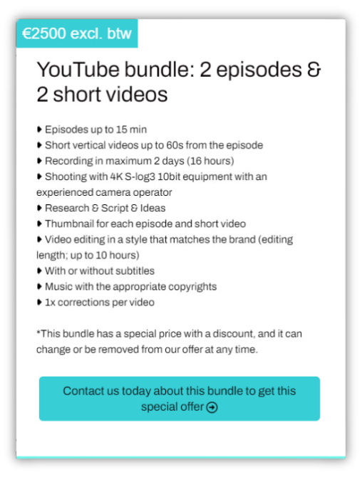 YouTube productie - price package